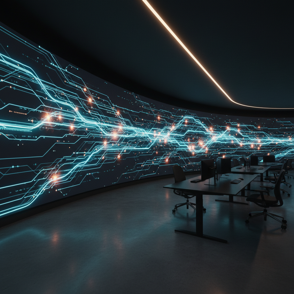 A long, curved digital display wall in a darkened, modern workspace shows an abstract, text‑free visualization of flowing data streams and pulsing network nodes in vibrant but tasteful blues, teals, and ambers. In front of the wall, several sleek, unbranded workstations sit unused, screens dim and reflective, suggesting potential rather than activity. A single warm overhead light strip casts soft illumination across the polished floor, catching subtle reflections of the data patterns. Shot from a low angle with a wide lens, the composition emphasizes the sweep of the screen and the sense of scale. Photographic realism with a cinematic feel, mood is anticipatory, disciplined, and aspirational about AI systems coordinating large‑scale economic activity.