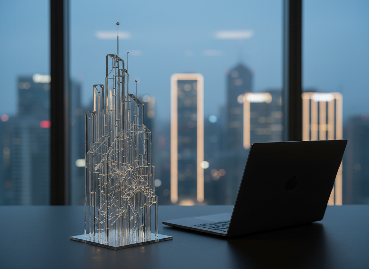 A sleek transparent acrylic sculpture shaped like an abstract city skyline and neural network intertwined, each tower formed from geometric rods and nodes that subtly suggest data flows and economic activity. It stands on a matte black desk with a minimalist laptop closed beside it, no logos visible. In the background, a softly blurred panoramic view of a modern financial district at dusk glows through floor‑to‑ceiling windows. Cool blue and soft gold evening light reflects off the acrylic, creating gentle highlights and layered reflections. Photographic realism, shot at eye level with a slight angle and shallow depth of field, clean and modern aesthetic, calm yet aspirational mood emphasizing the quiet power of connected AI startups shaping growth.