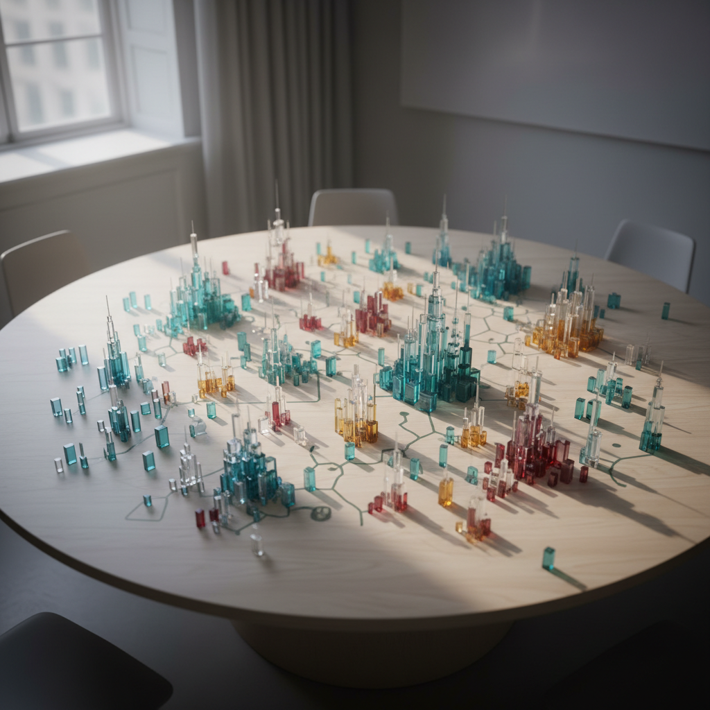 An overhead photographic shot of a large circular conference table made of pale wood, completely empty of chairs or people, with the tabletop covered by a precise arrangement of small translucent geometric blocks in varying heights and colors. The blocks form branching network patterns and rising skyline‑like clusters, hinting at AI startups, markets, and crowds of decision‑makers. Soft morning light streams in from a nearby window, casting long delicate shadows that emphasize the structure and hierarchy of the blocks. The room itself is minimalist with neutral tones, blurred at the edges. Photographic realism, crisp focus on the blocks with subtle vignette, mood is thoughtful, analytical, and quietly optimistic about complex collective behavior driving prosperity.