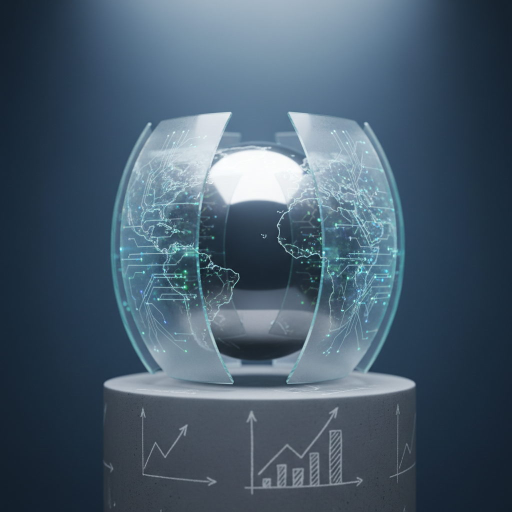 A highly detailed close‑up of a polished metallic sphere partially wrapped in translucent glass panels, each panel etched with faint circuit‑like patterns and tiny glowing nodes that resemble a global startup ecosystem. The sphere rests on a smooth concrete surface with faint chalk‑like diagrams of curves and network graphs, subtly implying economic growth. Soft diffused studio lighting from above creates gentle reflections and a halo on the upper edge, with a deep, slightly blurred background in cool blues. Photographic realism, centered composition with a shallow depth of field, modern and minimalist mood, suggesting the tension between bold AI ambition and structured, data‑driven reality without any text or human figures.